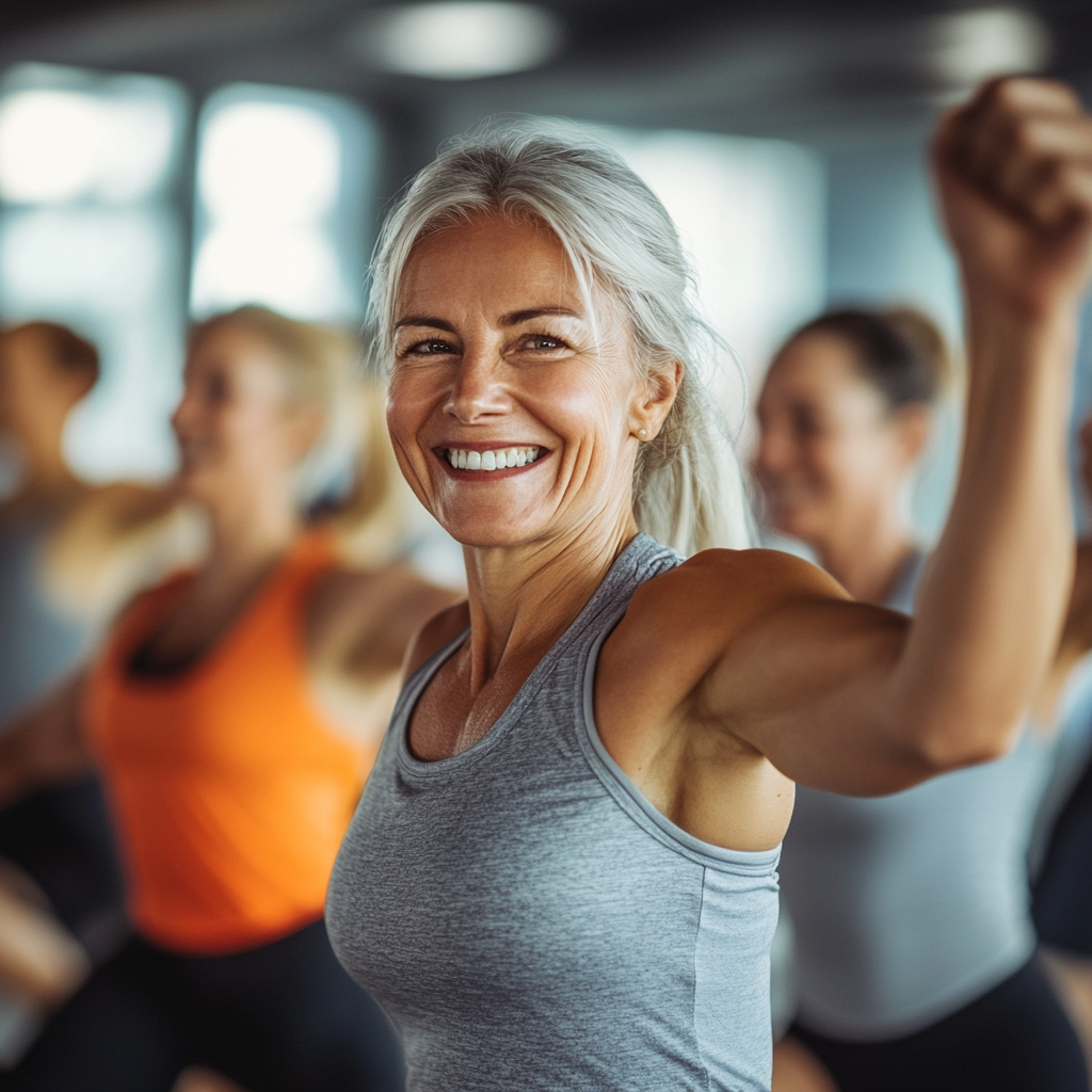 Група людей займається фітнесом разом в яскравому залі