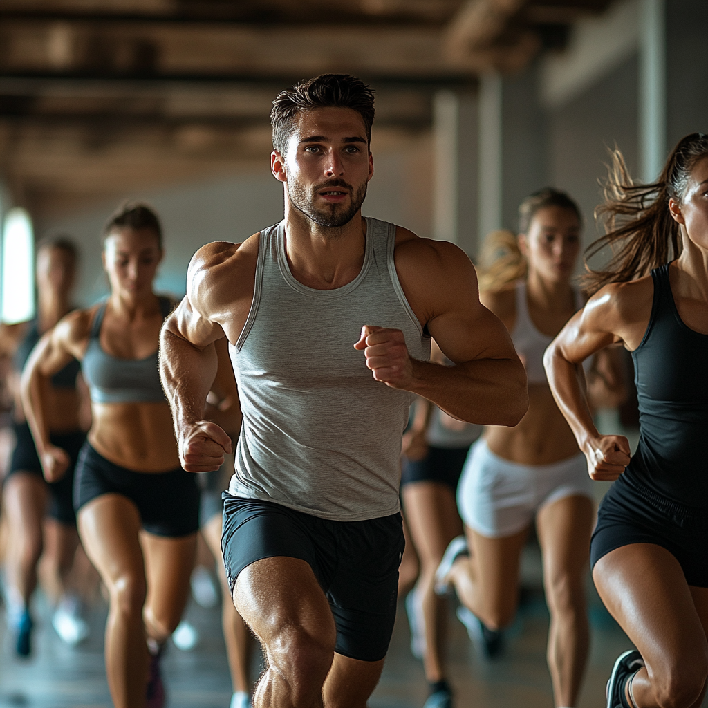 Група людей виконує HIIT тренування з професійним тренером