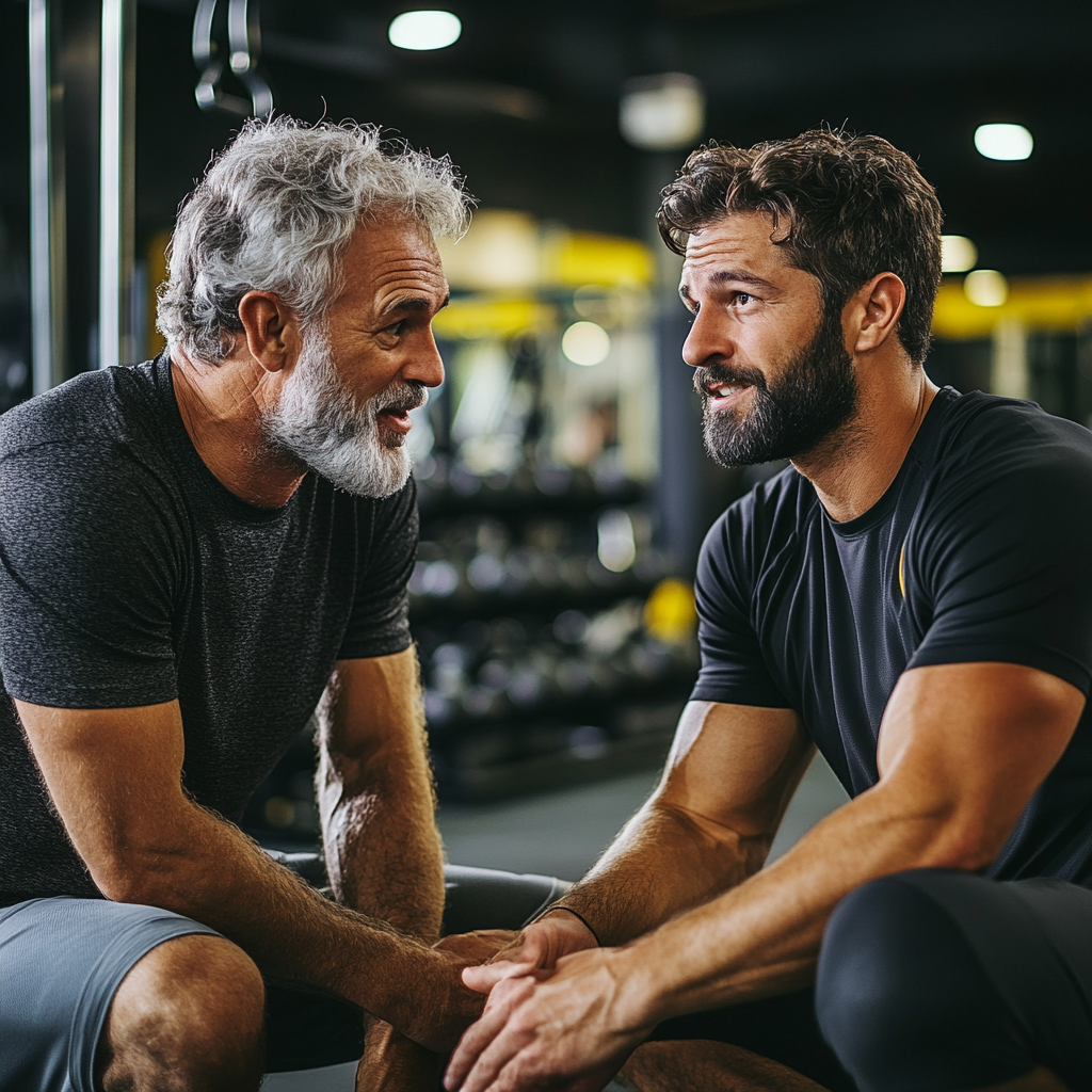 Тренер консультує нового клієнта в фітнес-залі